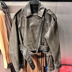 Women Leather Jacket 2023 New Lapel Belt Long Sleeve Zipper Pockets Lady Short Coat Femmle Fashion Motorcycle Leather Coat