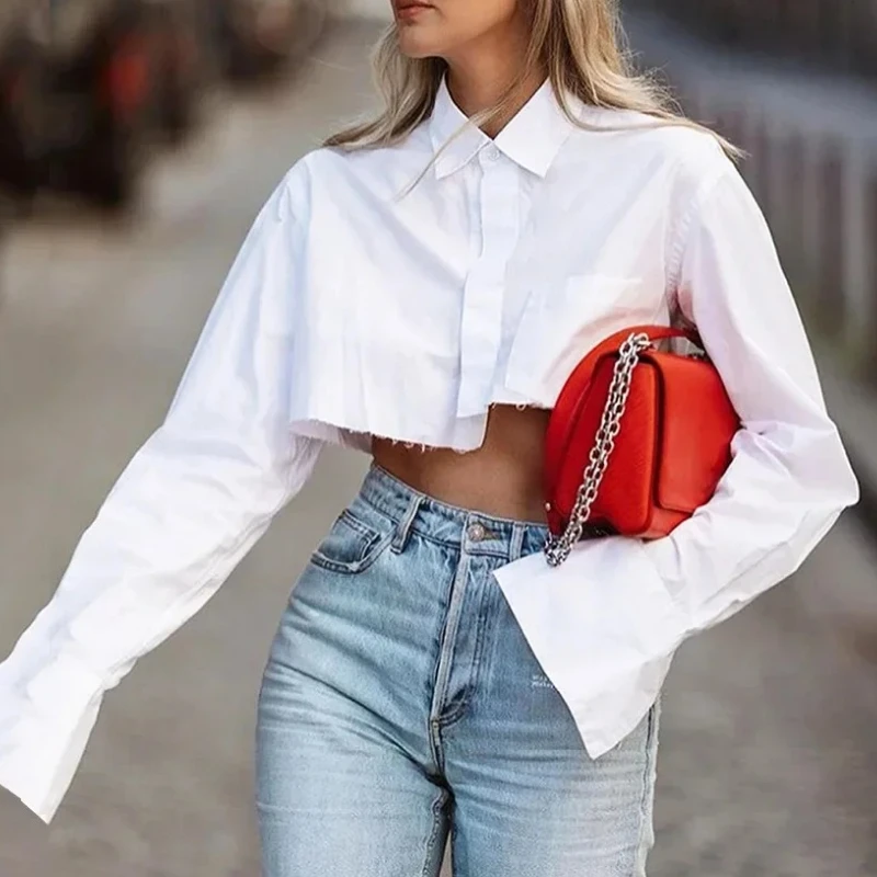 

Bclout Fashion White Crop Tops Women 2025 Blouses Elegant Flare Sleeve Asymmetry Black Shirts Blouses Streetwear Sexy Top Spring