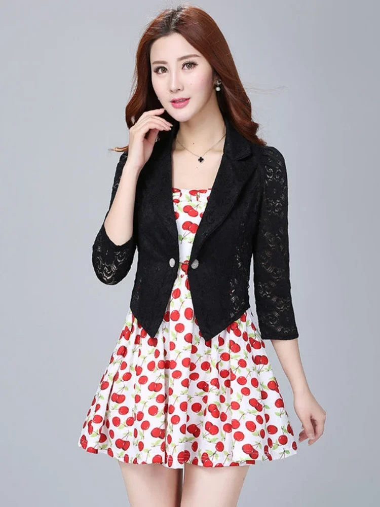 Women Fashion White Short Slim Blazer Hollow Lace Jacket Three Quarter Sleeve Casual  Office Ladies Work Wear