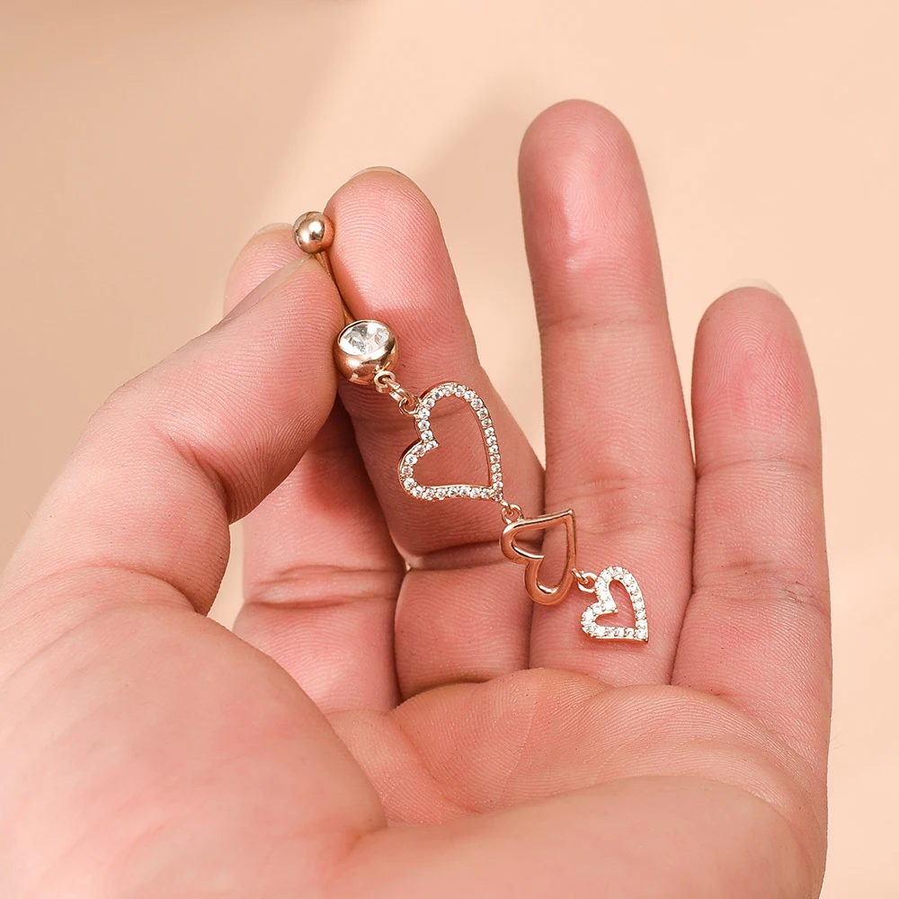 Heart Series Crystal Zircon Belly Button Ring 14G Dangled Heart Chain Navel Belly Piercing Nombril Stainless Steel Body Jewelry