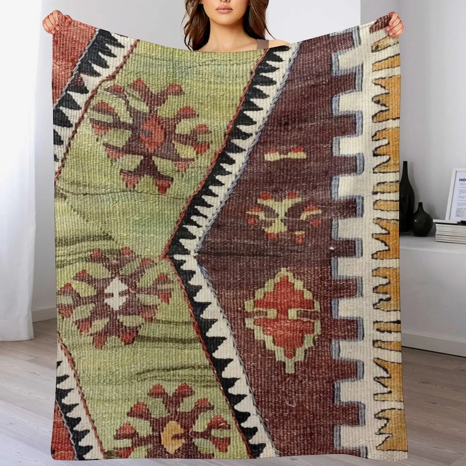 Decorative Old Kilim, Navaho Weave, Woven Textile, Persian Carpet Throw Blanket Long Lasting Soft Plush Blanket for Daily Use