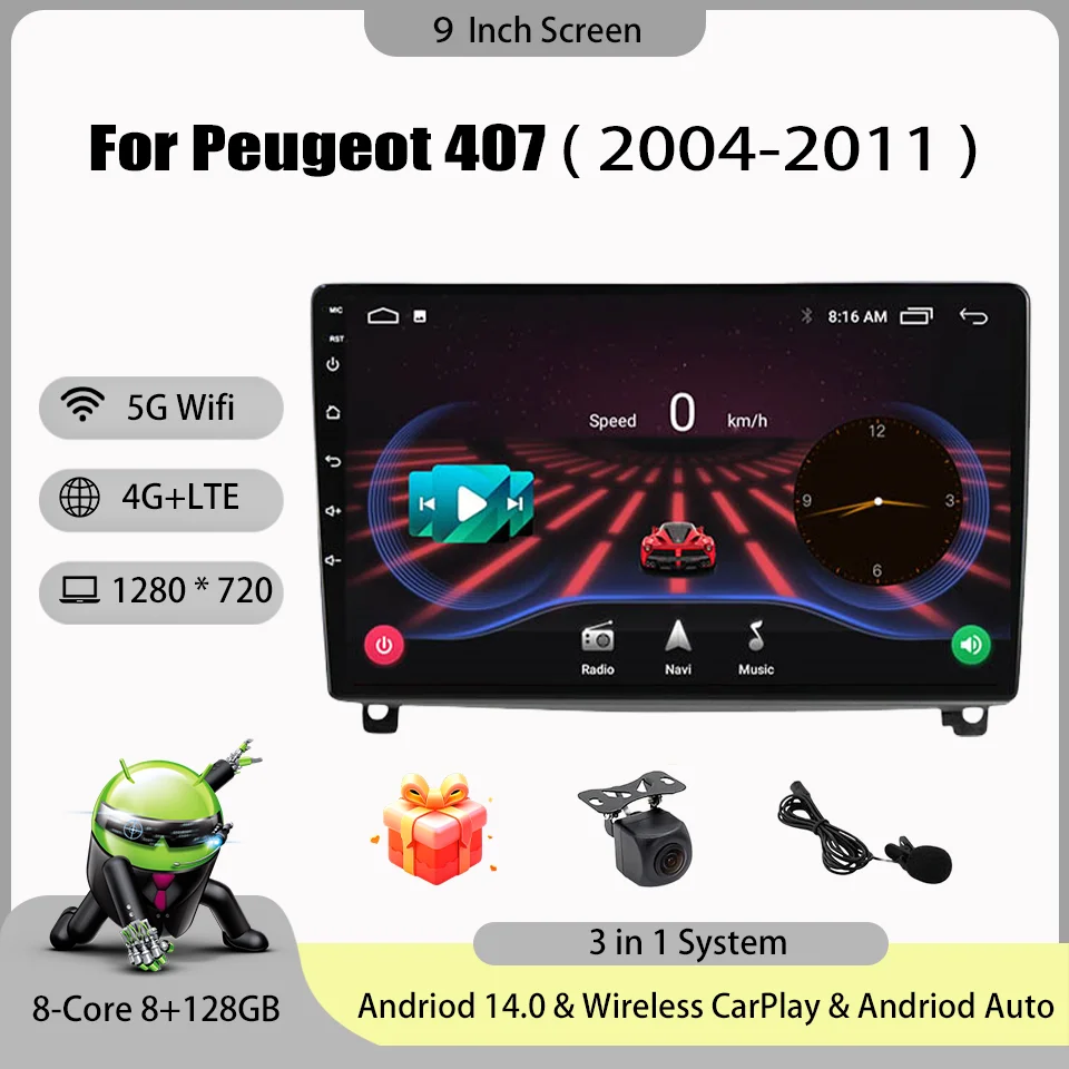 

2 Din 9 inch Android radio 4G LTE Auto Car Radio Video Multimedia Player For Peugeot 407 2004 - 2011 Navigation GPS Autoradio