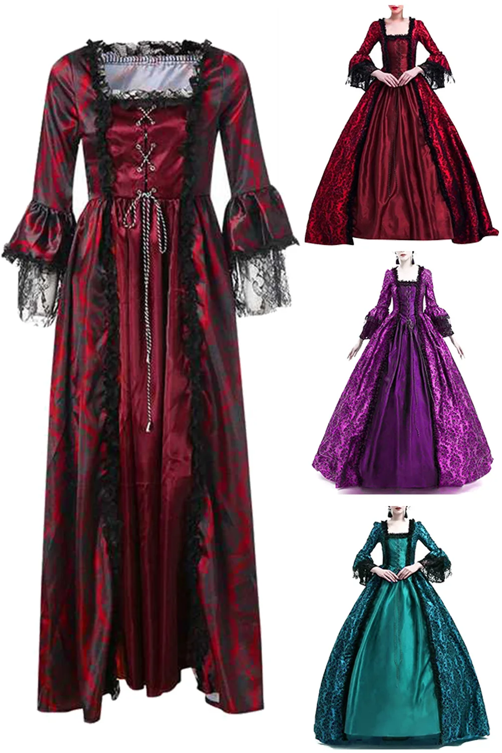 

Medieval Victorian Court Lace Dress Halloween Retro Dress Gothic Long Sleeved Dress Women Girls Halloween Roleplay Party Costume