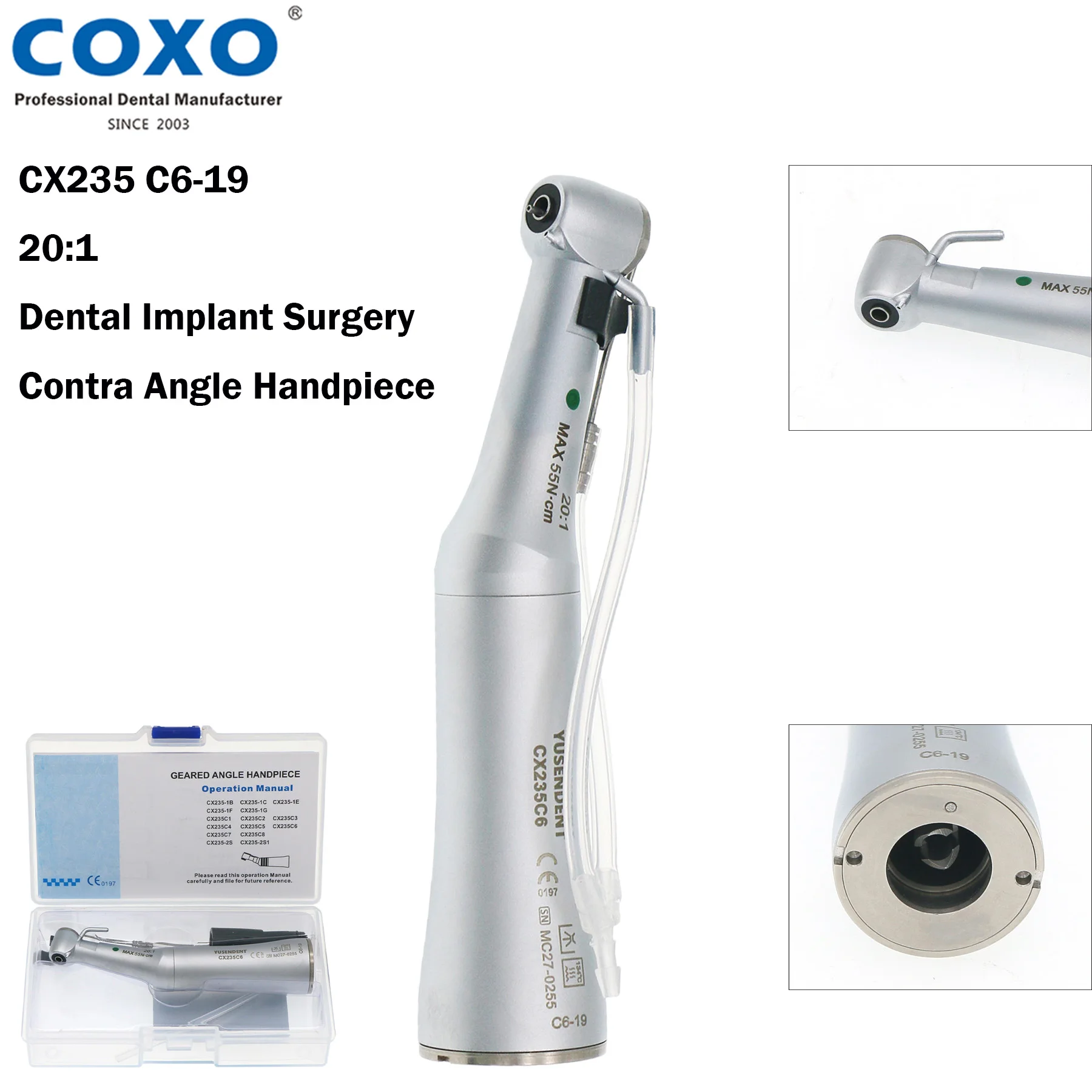 

COXO Dental Low Speed Handpiece Implant Surgical Contra Angle 20:1 CX235C6-19 ISO E-Type Compatible with all E-type Motors