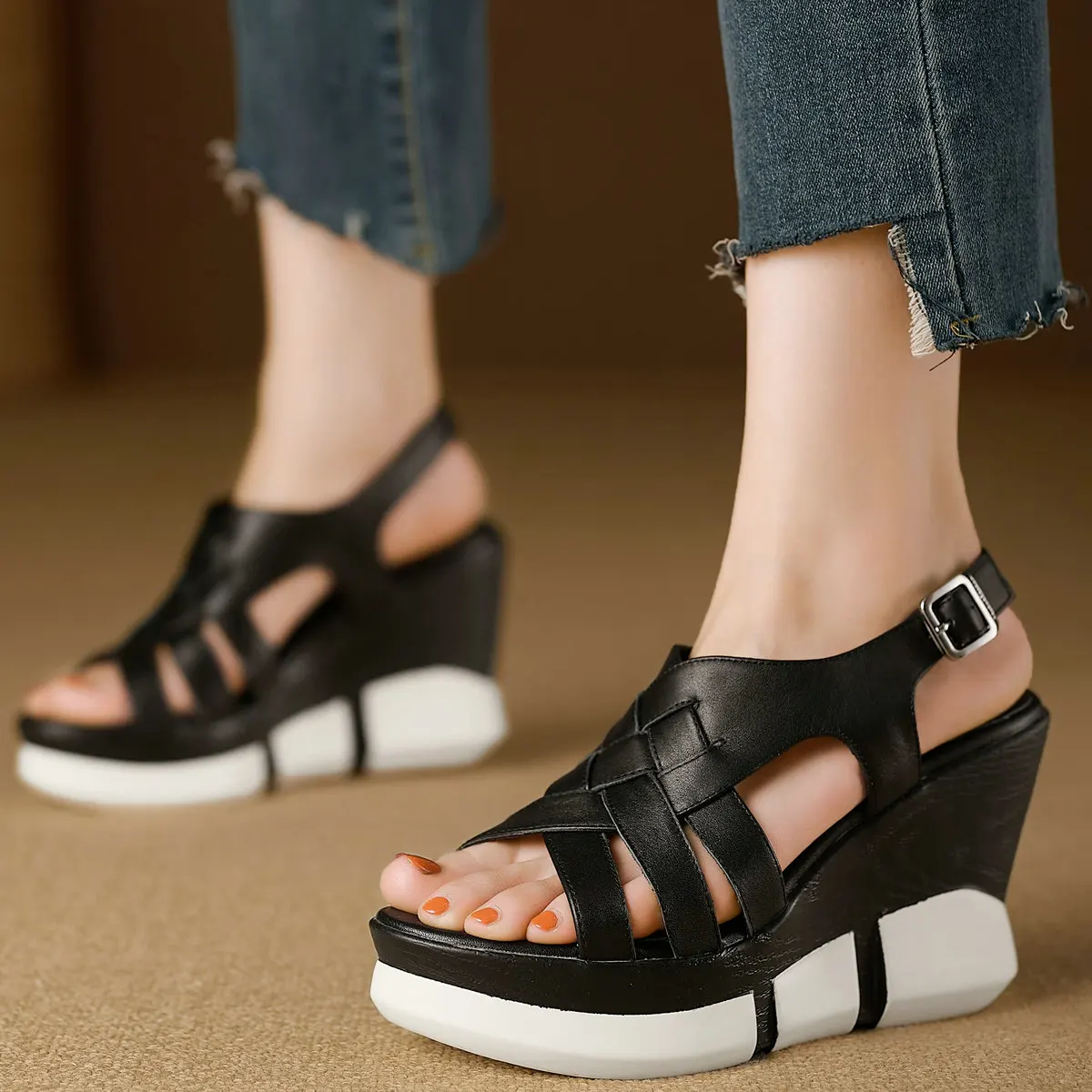 

2024 Platform Pumps Shoes Women Genuine Leather Wedges High Heel Gladiator Sandals Female Summer Fashion Sneakers Casual Shoes