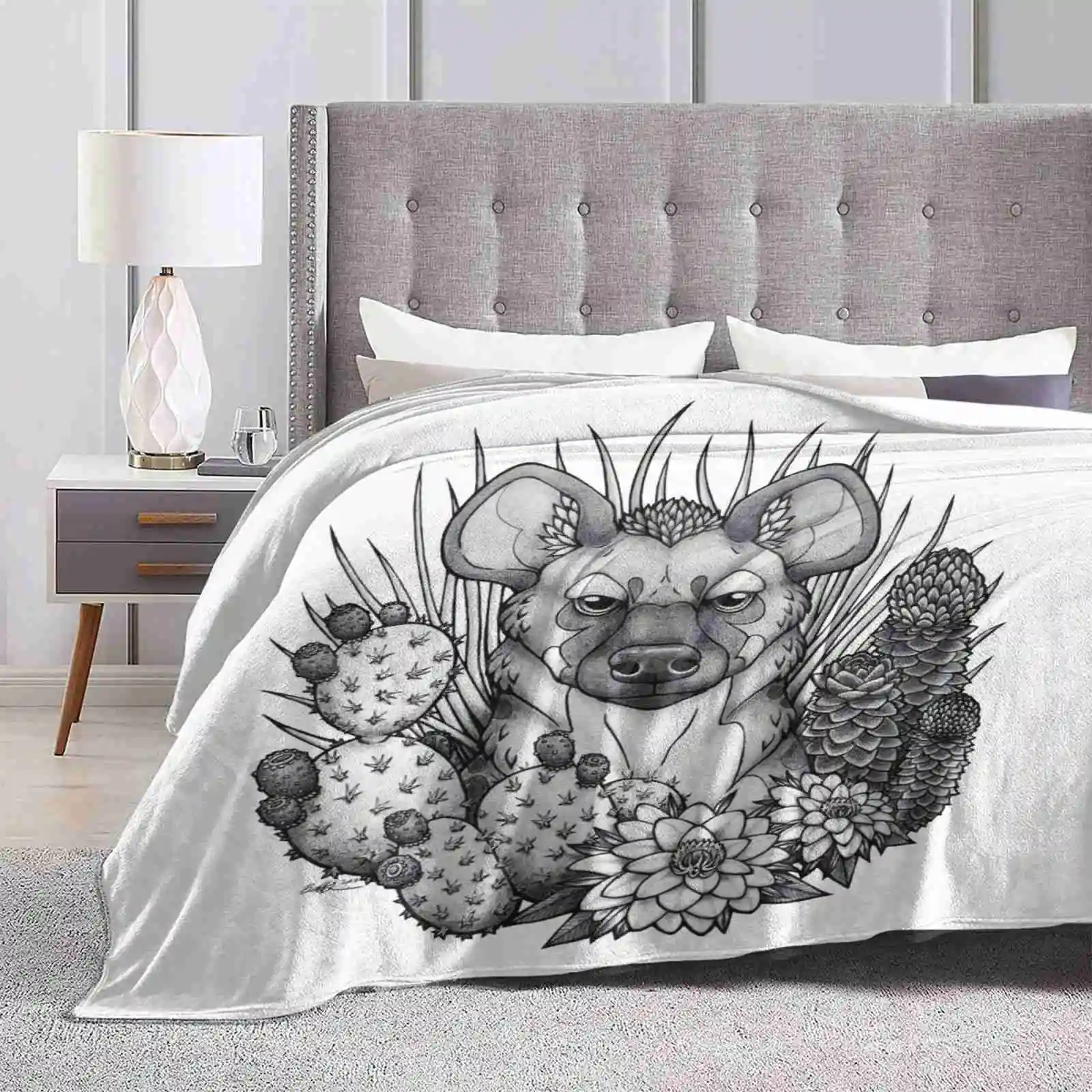 Hyena & Arid Plants Fashion Soft Warm Throw Blanket Spotted Hyena Animal Africa Cactus Cacti Succulents Flower Ink Tattoo The