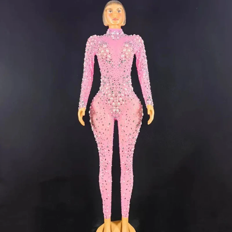 

Women Sexy Stage Big Pearls Rhinestones Stretchy Transparent Jumpsuit Evening Sexy Dancer Bodysuit Birthday Celebrate Outfit