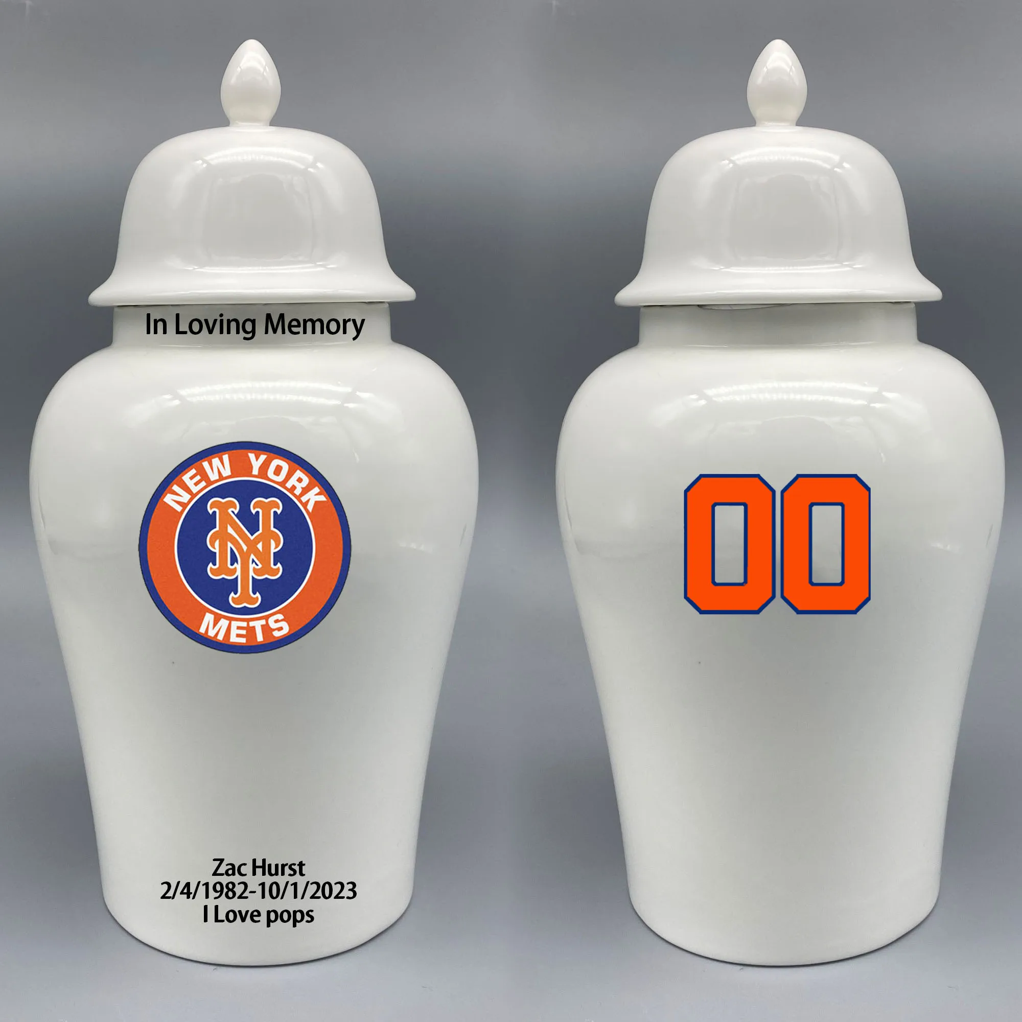 Large Urn for New York Mets-themed Logo Urn.Please send me the customize information-name/date and number on the urn