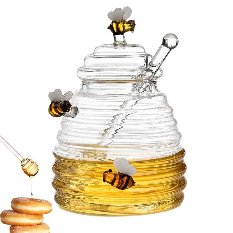 400ml Glass Honey Jars With Dipper And Lid Creative Striped Glass Bottle Home Kitchen Beehive Honey Storage Container