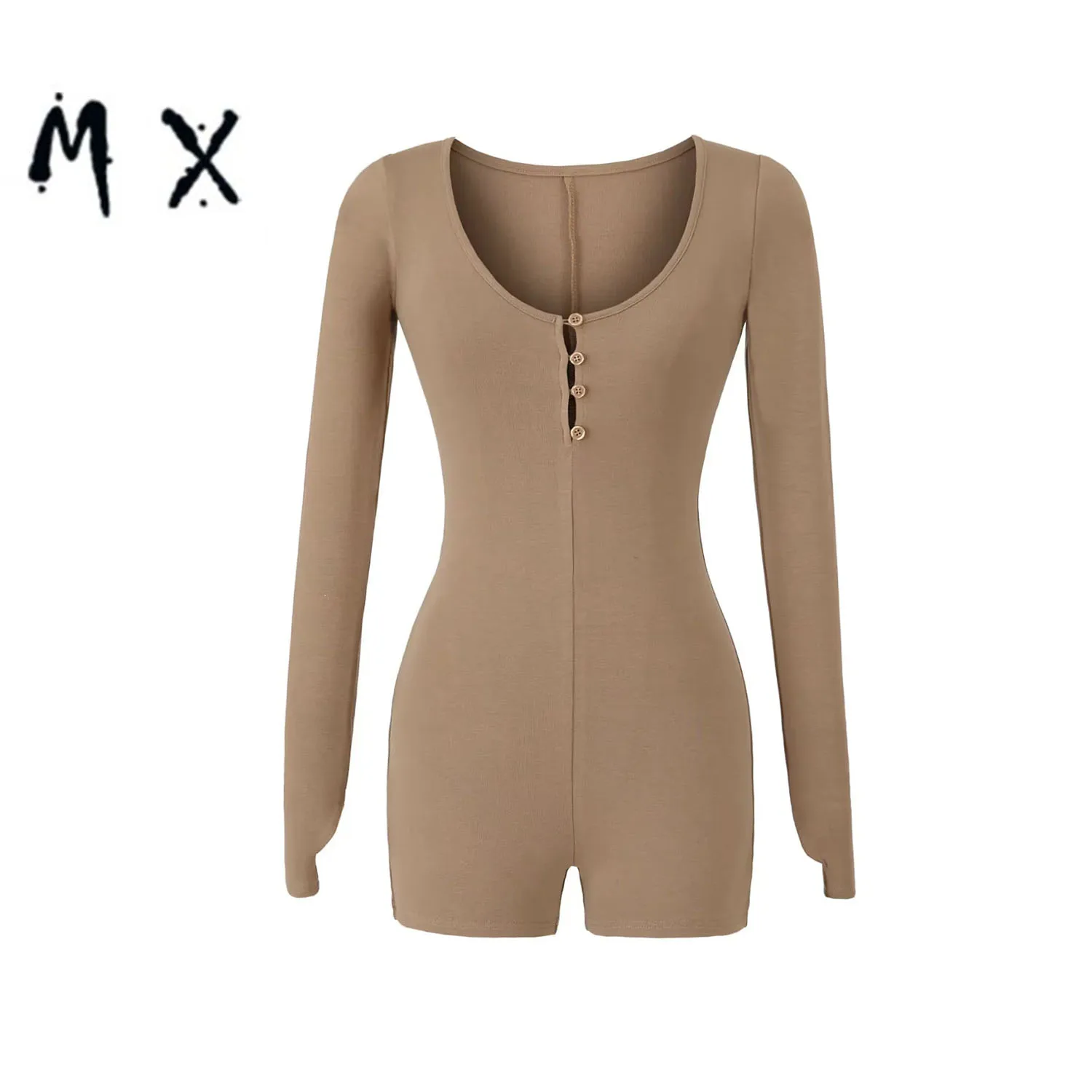 

Slim Fit Long Sve round Ne Button up Base Layer T irt Women's Autumn Inner Wear Waist Cinching Slimming Jumpsuit