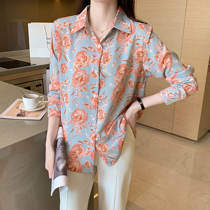 Autumn Long Sleeve Chiffon Office Top Female Elegant Spring Casual Rose Printing Blouse For Women Fashion Shirts Woman Xym81