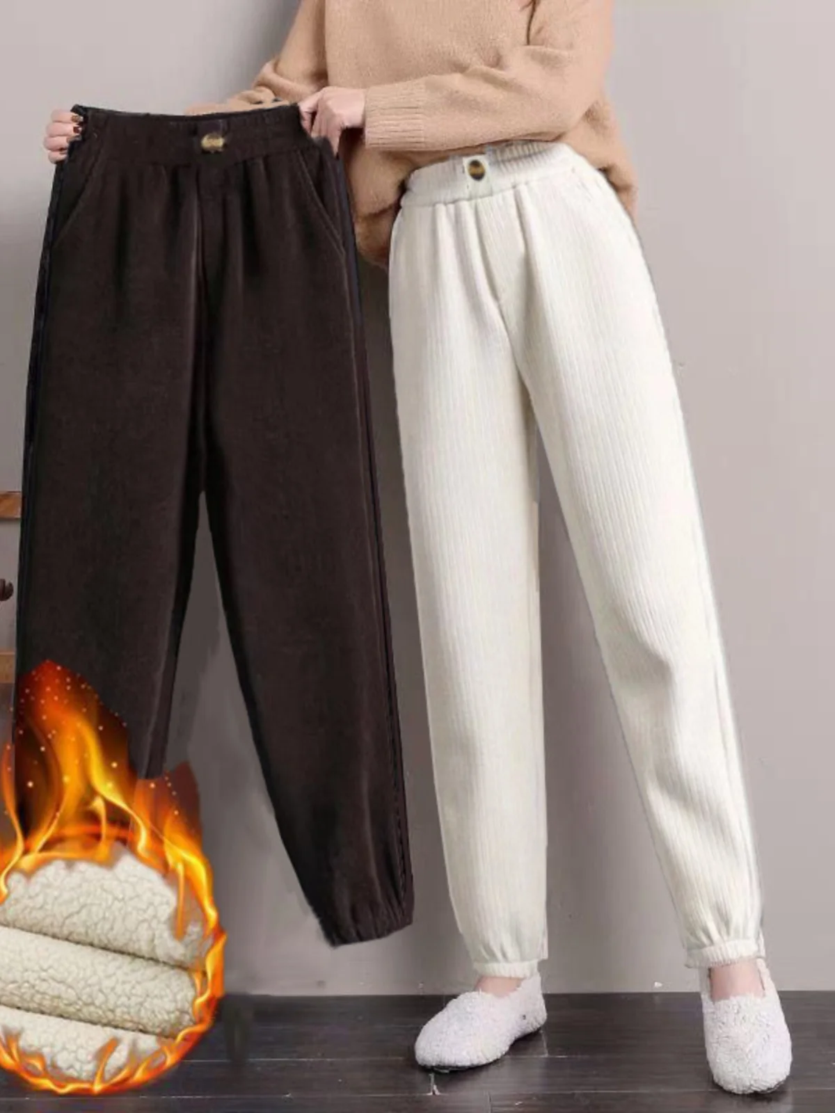 

Женские брюки-харланы с высокой талией, утепленные флисом, свободные повседневные брюки с манжетами, осенне-зимние теплые брюки