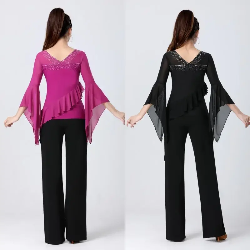 Gitba's new diamond studded V-neck trumpet sleeve dance top square dance Latin dance three step performance costume