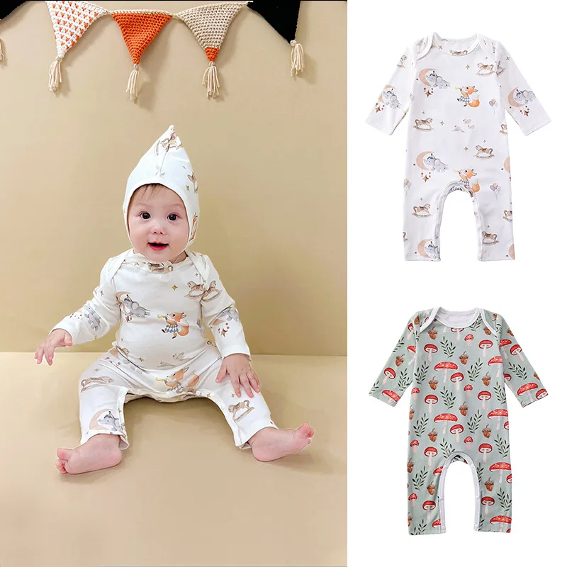 

All Season Ins New Newborn Girls Bodysuit Horn Button Cotton Long Sleeve Mushroom Print Infant Girls Onesies Baby Girls Romper