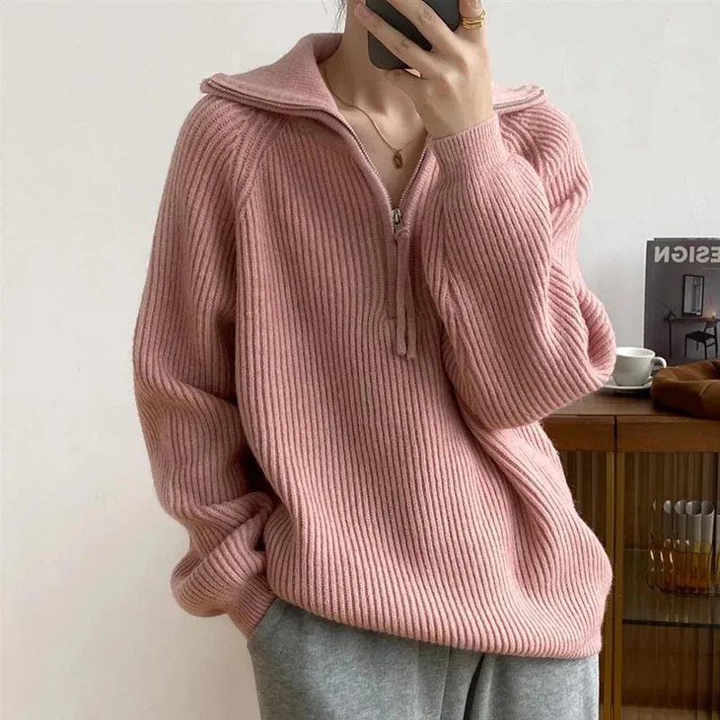 Women Autumn Winter Loose Long Sleeve Knitted Sweater Korean Fashion Half Zipper Turn-down Collar Pullover Sweater Casual Tops