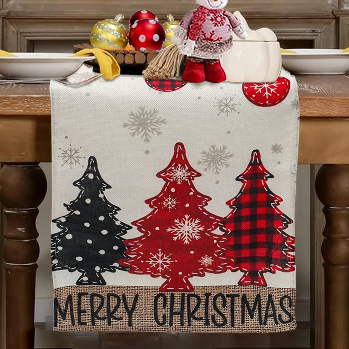 Christmas Linen Table Runner Merry Christmas Decoration for Home Xmas Party Decor 2024 Navidad Notal Noel Ornament New Year 2025