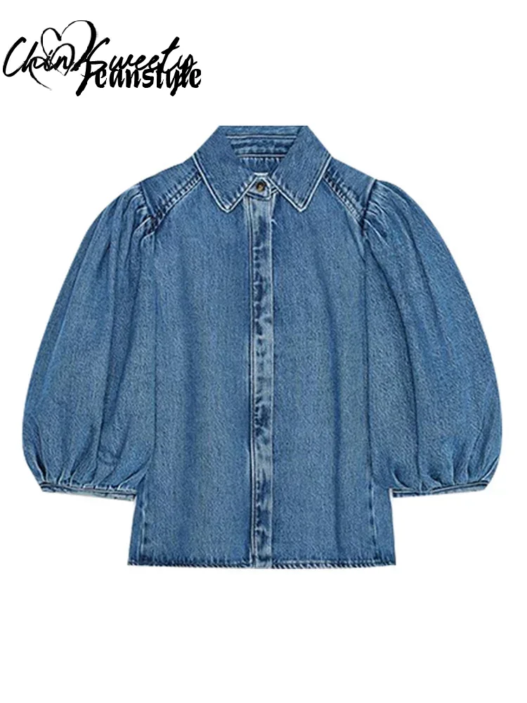 موضة الدنيم المرأة قميص قصير التلبيب نصف نفخة كم مطوي بدوره إلى أسفل طوق الصلبة الإناث قمة 2025 الربيع الصيف سيدة القمصان