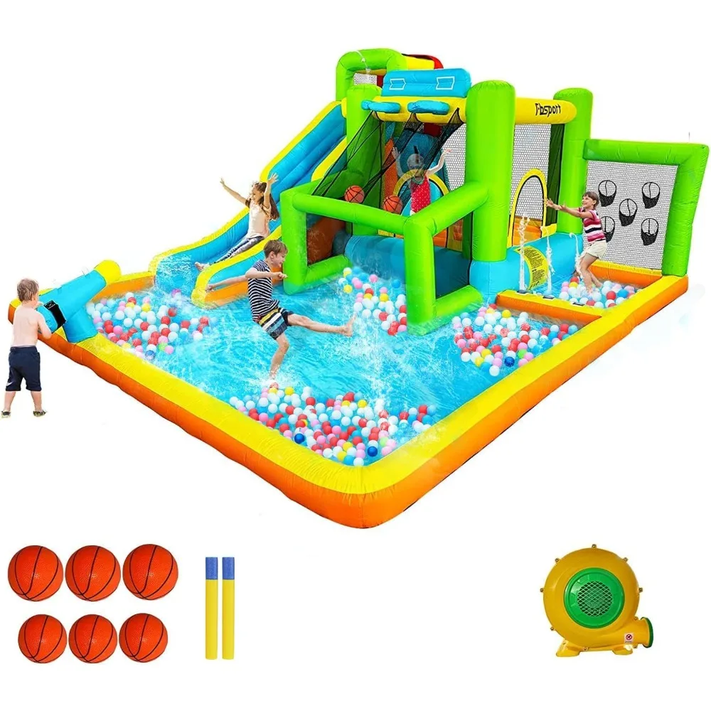 

Bounce House Water Slide, Bounce House 9 в 1 для детей, надувной домик для дома и улицы с воздуходувкой мощностью 550 Вт, Water Bo