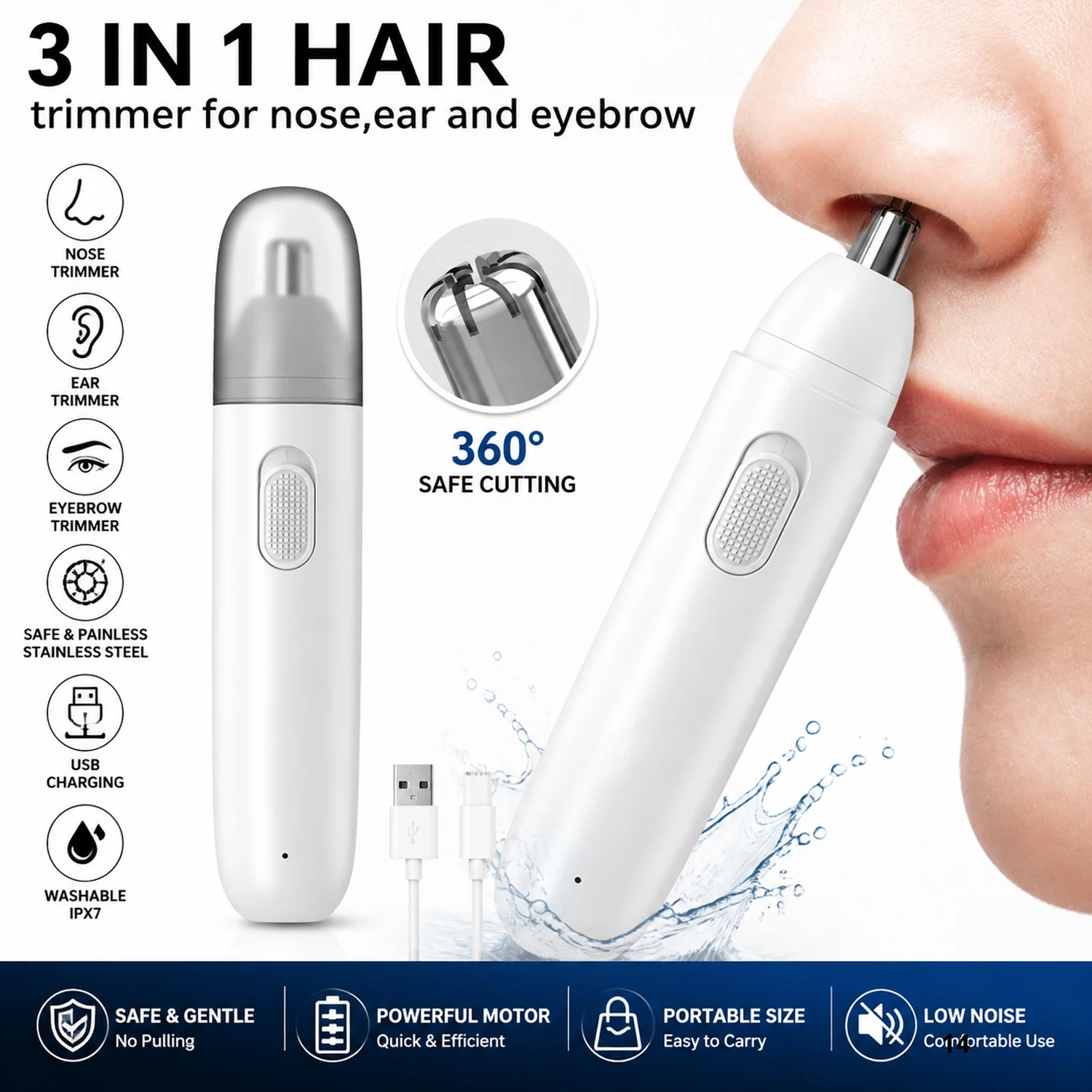 Nose Hair Trimmer for Men Rechargeable 360 Rotating Dual-Blade Electric Shaver Eyebrows Nose Hair Trimmer Painless Safe