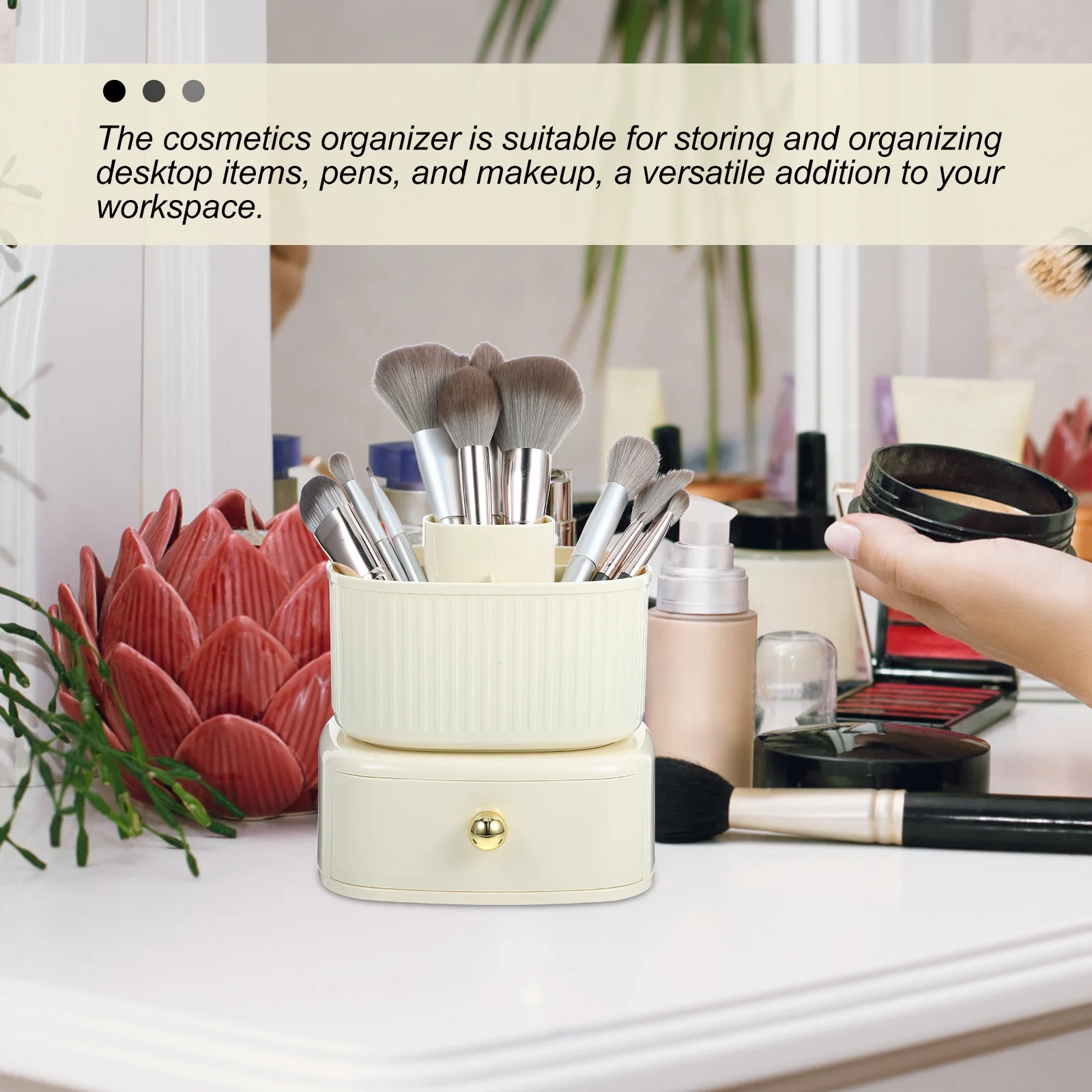 메이크업 브러쉬 보관 실린더 립스틱 상자 크림 화이트 골드 더블 레이어 회전식 데스크 주최자 펜 홀더 플라스틱 액세서리