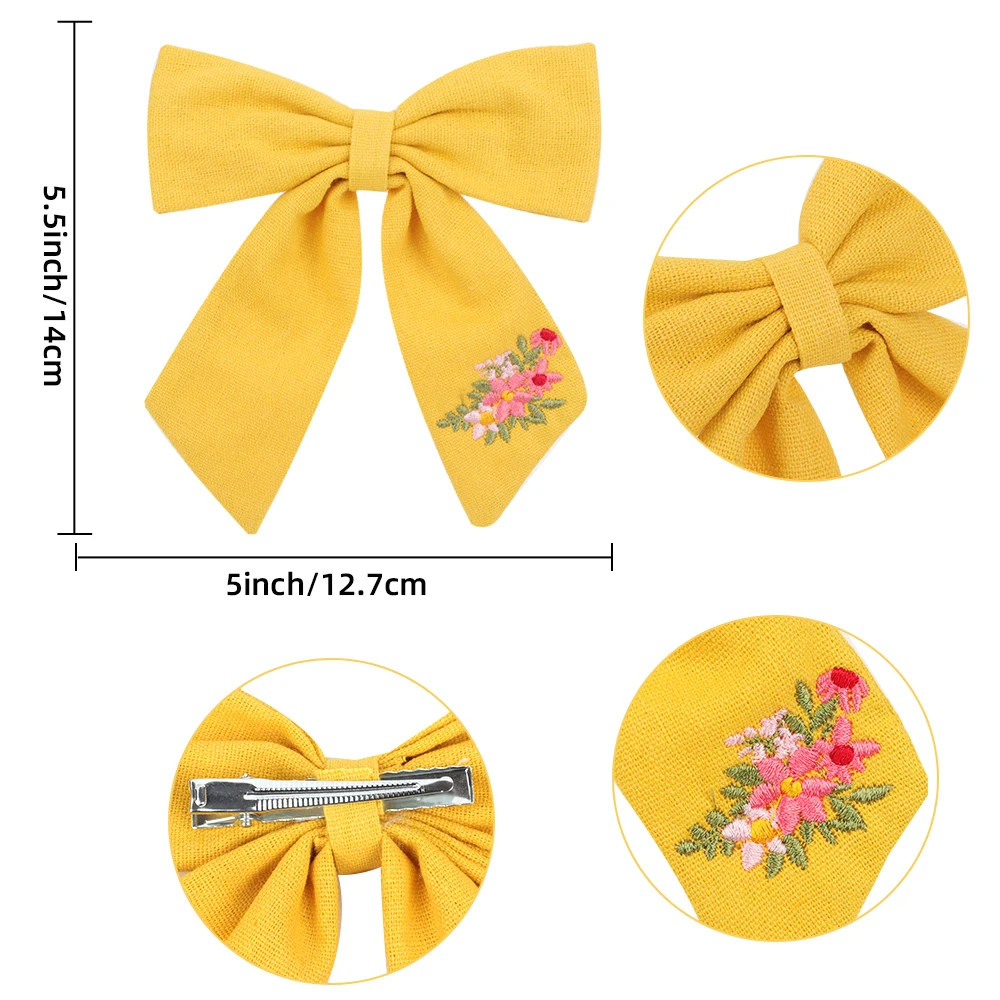 Embroidery Knotnbow Hair Clips Cotton Linen Barrette For Baby Girls Big Bows Hairclip Children Infant Hairgrip Hair Accessories