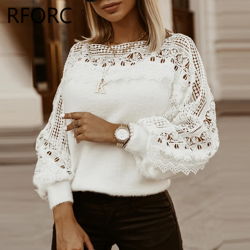 2024 Women Soild Long Sleeves Lace Patchwork Knitting Pullovers Tops