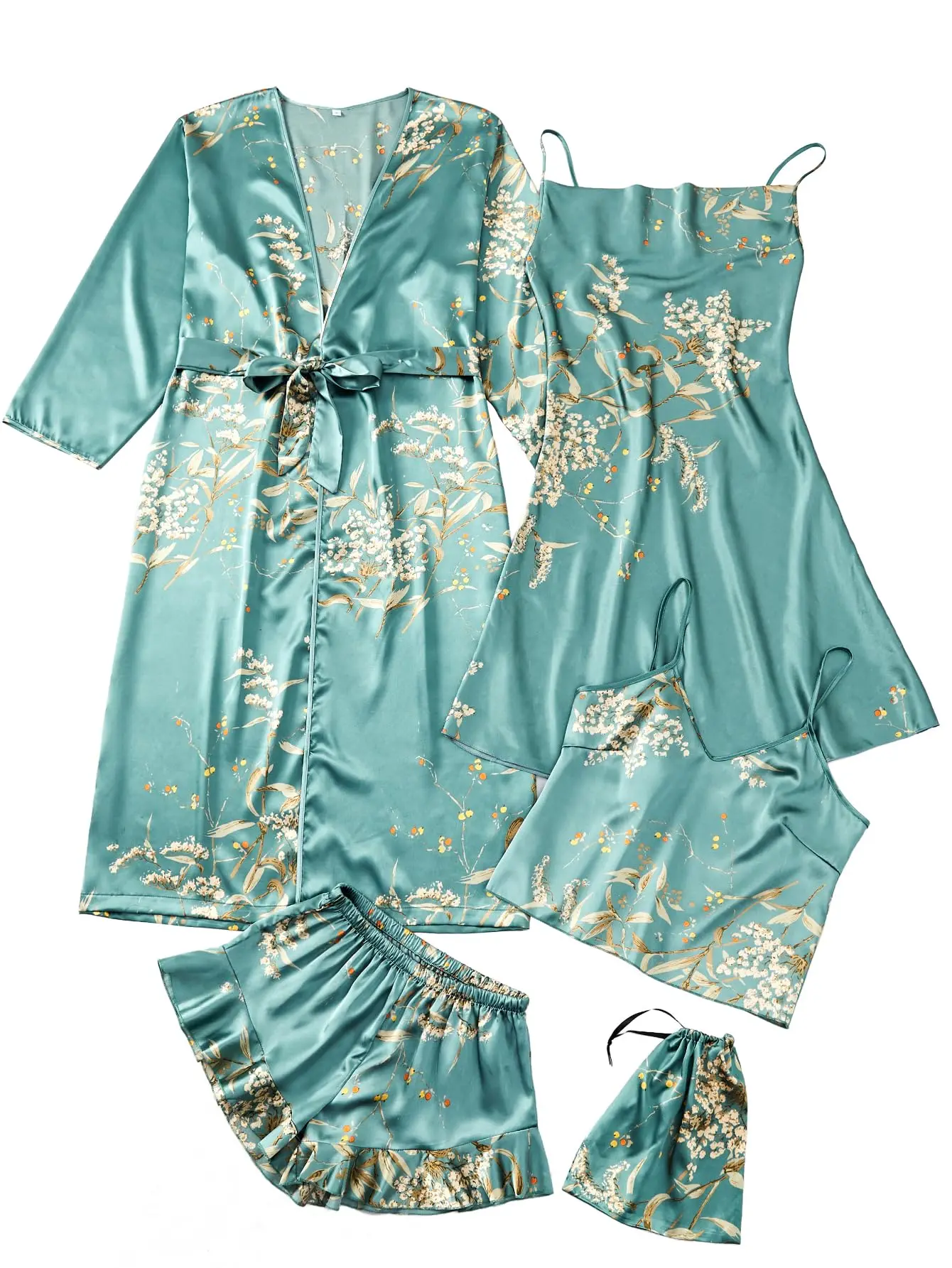 Women's Long Bathrobe Set 4pcs Sexy Sleepwear Satin Floral Cami with Shorts Cowl Neck Dress Pjs Set with Silk Robe Lingerie Set