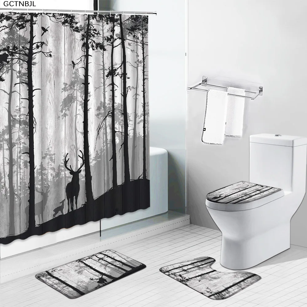 Fog Forest Deer Landscape Shower Curtains Bath Mat Sets Winter Natural Landscape bathroom decor Anti Slip Foot Mat Toilet Cover