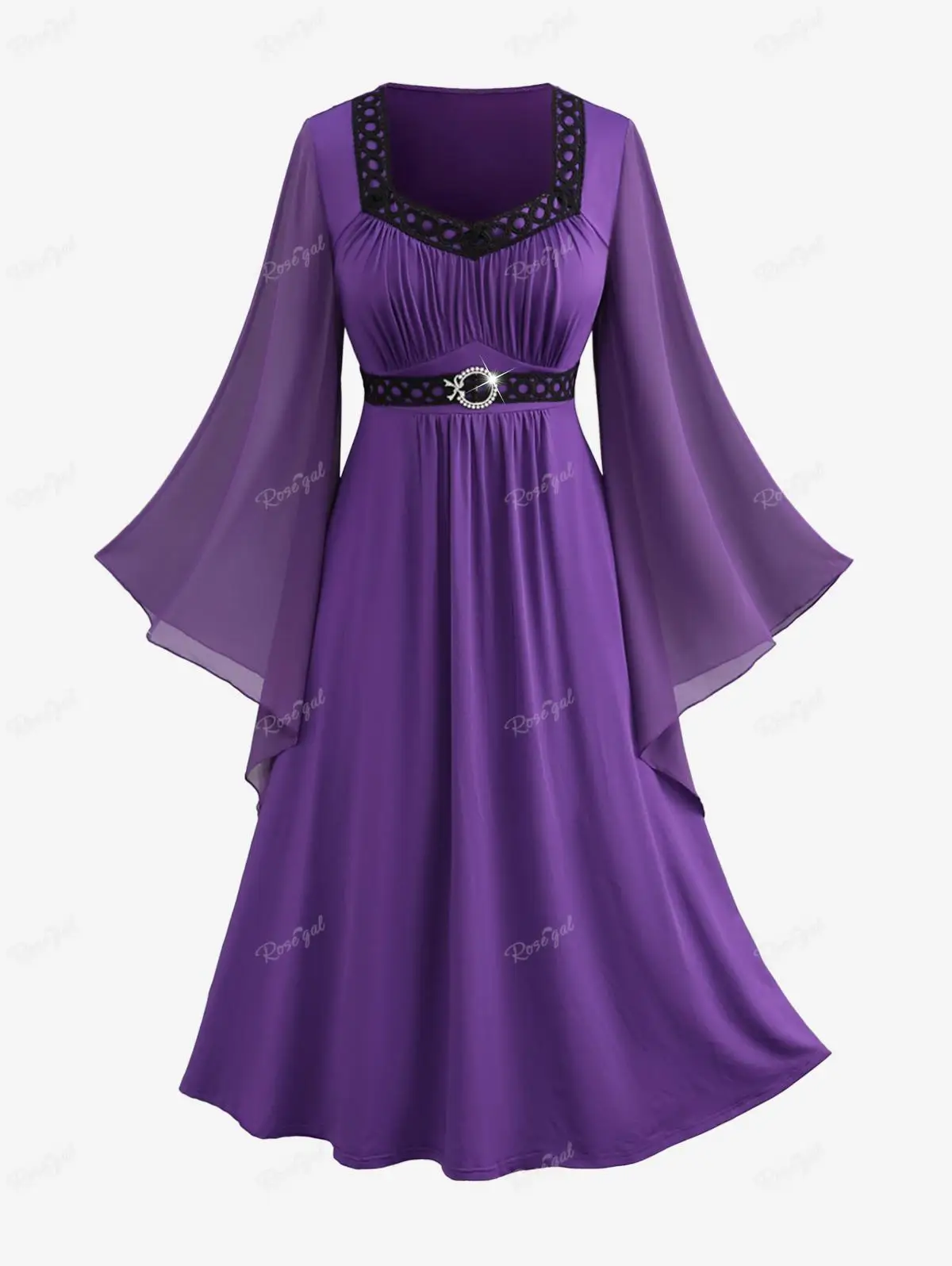 

ROSEGAL Plus Size Elegant Dresses Women Spring Fall Flare Sleeves Ruched Braided Buckle Belted Midi Dress Purple Vestidos 5XL