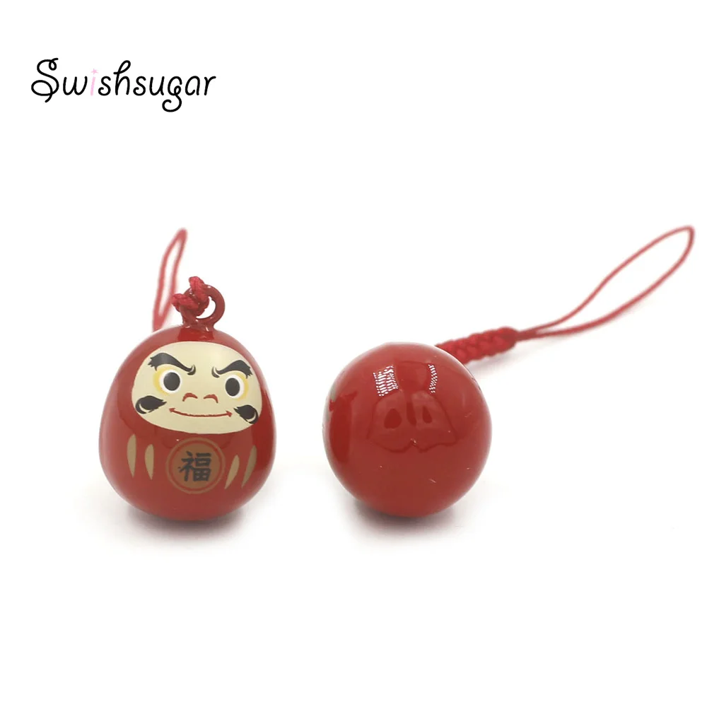 Red Closed Daruma Ball Metal Jingle Bell Charm Pendant With String Rope Pendant Good Luck Men Women Gift Favor