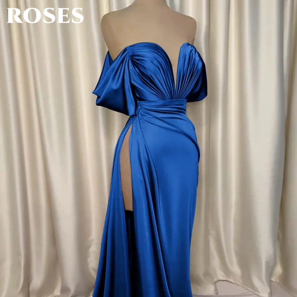 فستان سهرة باللون الأخضر الوردي قبالة الكتف من الساتان مناسبة رسمية فستان طيات فساتين حفلات البوق مع فتحة عالية مخصصة