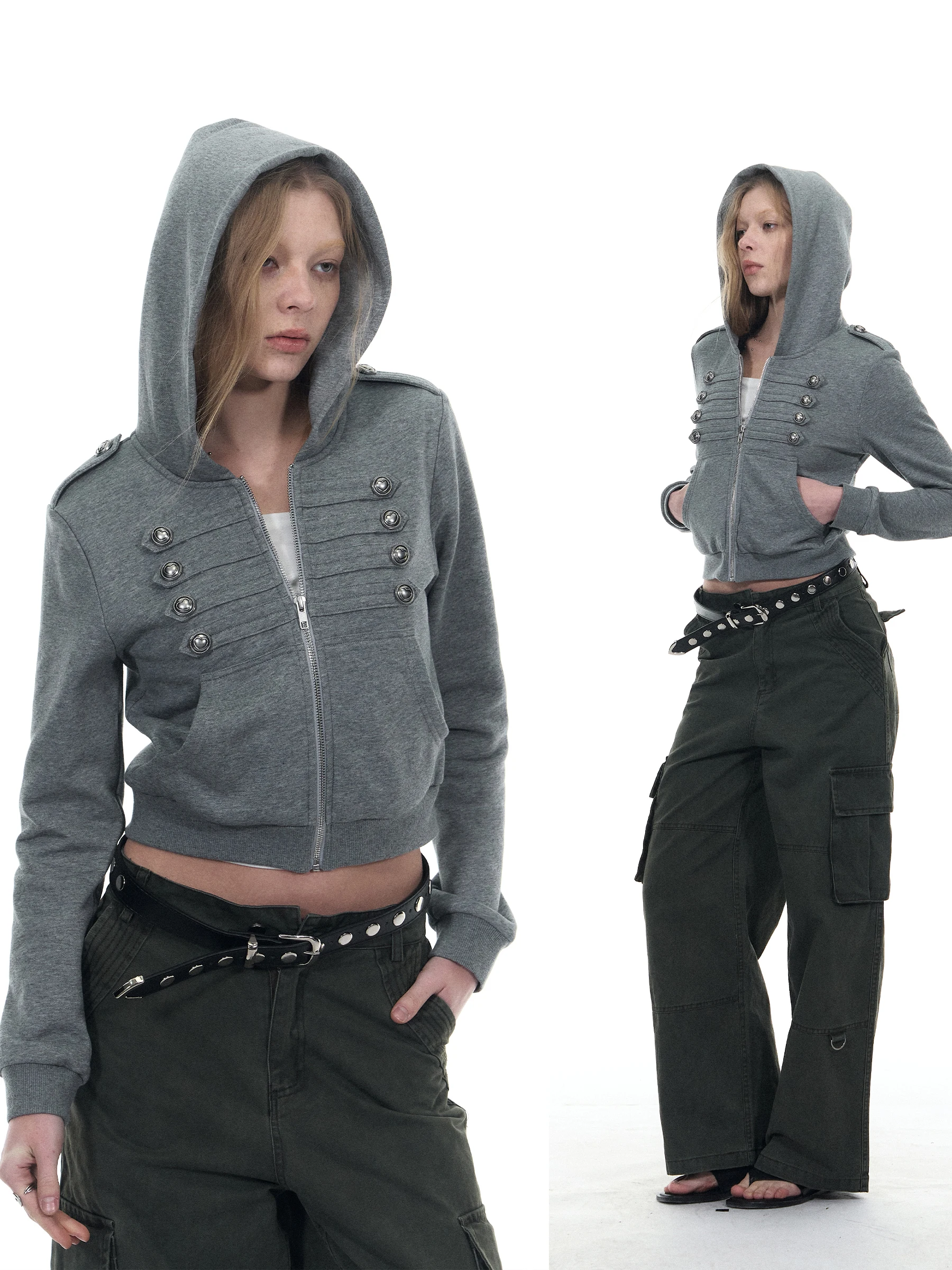 

Модная женская укороченная куртка-худи с двойной застежкой-молнией и металлическими пряжками в виде сердец, весенняя коллекция