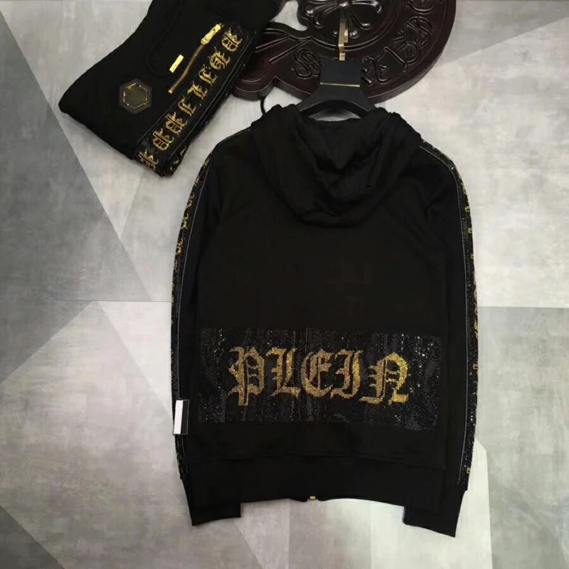 Men hooded sweater letter gold hot drill long sleeve cardigan coat European and American fashion cotton high street tracksuits