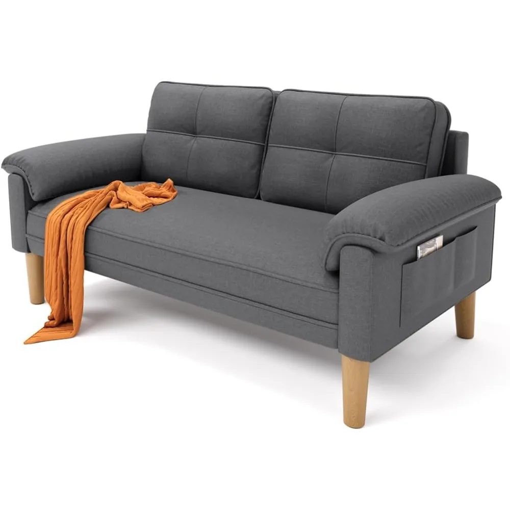 Sofá Biplaza con Reposabrazos y Bolsillos Laterales, Sofá Compacto de Tela, Personalizable