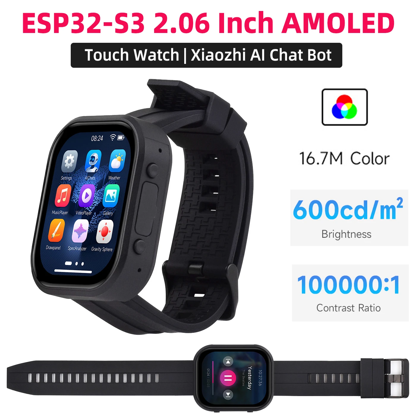 ESP32-S3 2.06 Inch AMOLED Touch Watch Development Board WiFi BT QSPI Interface Dual Digital Microphones Array Xiaozhi AI Bot