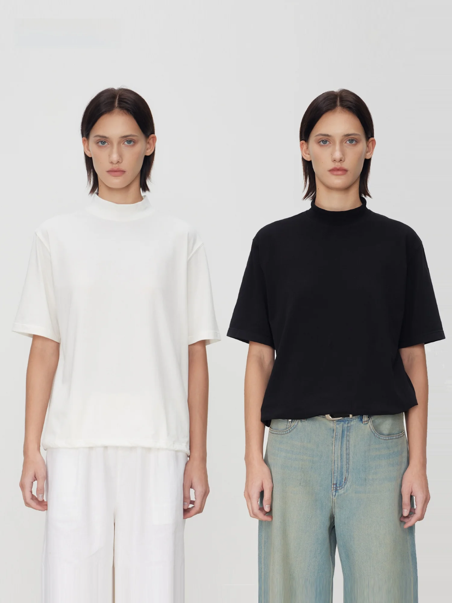 

KIP MERCI High Collar Brushed Short Sleeve Casual Commute Color Women's T-shirt Comfortable Breathable Cotton Blend