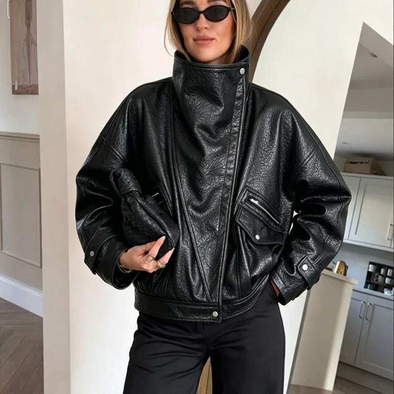 Original Winter Jacket Women's Autumn New Black Pockets Faux Leather Jackets Coat Casual Solid Long Sleeve Moto Outerwear Ladies