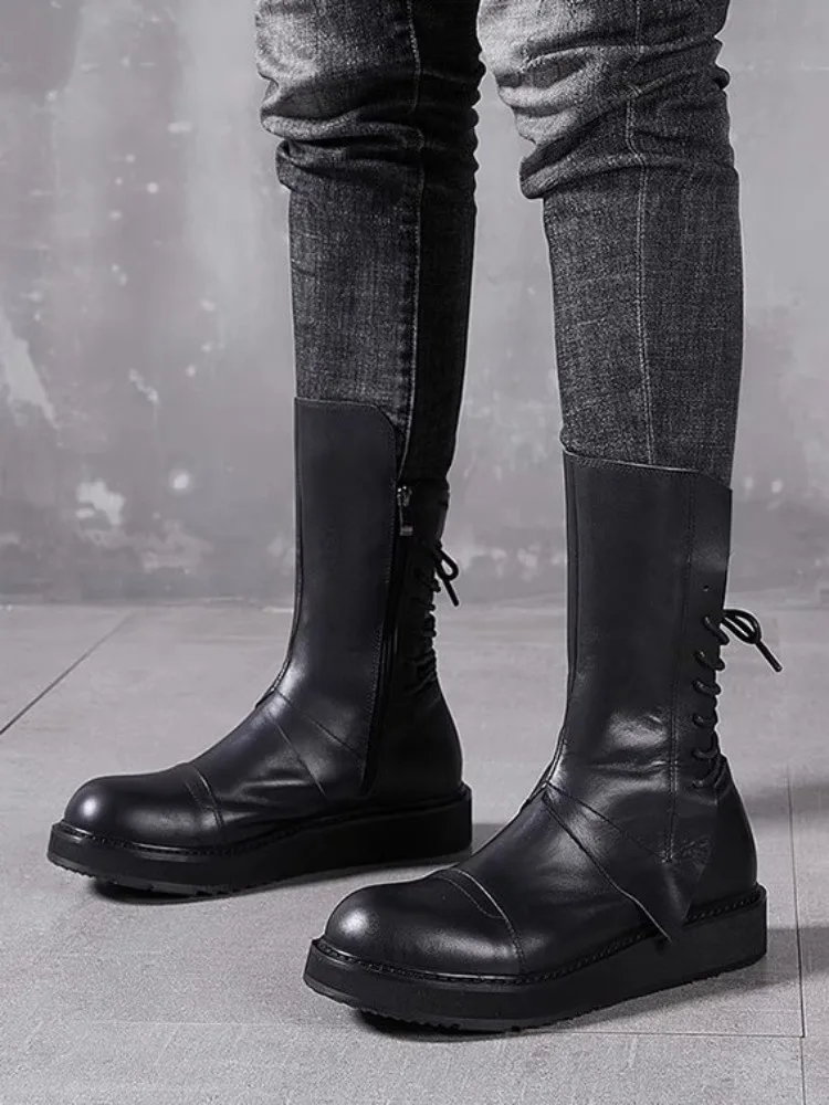 Gothic Mens Genuine Leather Boots British Style Street Punk Mid Calf Motorcycle High Top Shoes Male Casual Platform Knight Boots