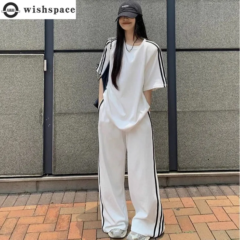 Spring/Summer Loose Casual Set Women\'s Stripe Short Sleeved T-shirt Wearing Floor Sweeping Wide Legged Pants Two Piece Set