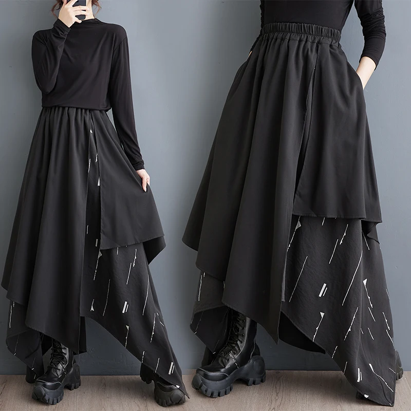 k اللون غير المتكافئة طباعة الربط التخسيس تنورة طويلة Faionable تنوعا عالية الخصر ألف خط تخفيف Sle ألياف البوليستر