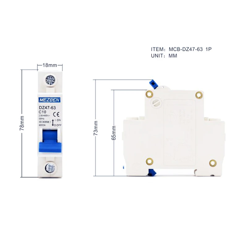 DZ47 MCB 1P 1A/2A/3A/6A/10A/16A/20A/32A/40A/50A/63A Breaking Capacity 6KA Din Rail AC Miniature Circuit Breaker