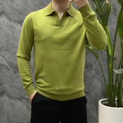 Men's Autumn & Winter Blouse Collar Knitted Pullover, Business Casual Slim-Fitting Wool Textile Sweater, Gentleman Polo Shirt
