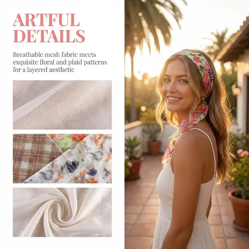 

Korean Long Scarves Plaid Floral Print Lightweight Lace Mesh Scarf Versatile Neck Accessory Hair Scarf Neckerchief