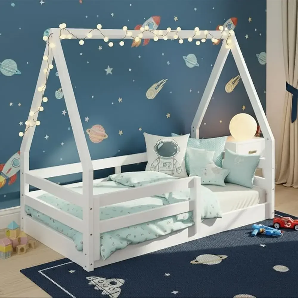 Montessori Toddler Solid Wood Floor Bed, White Painted House Frame