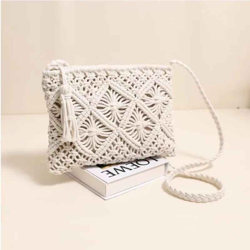 

New Cotton Tassel Woven Bag Artistic Rhombus Clutch Casual Shoulder Straw Bag Versatile Women's Bag Beach Bag