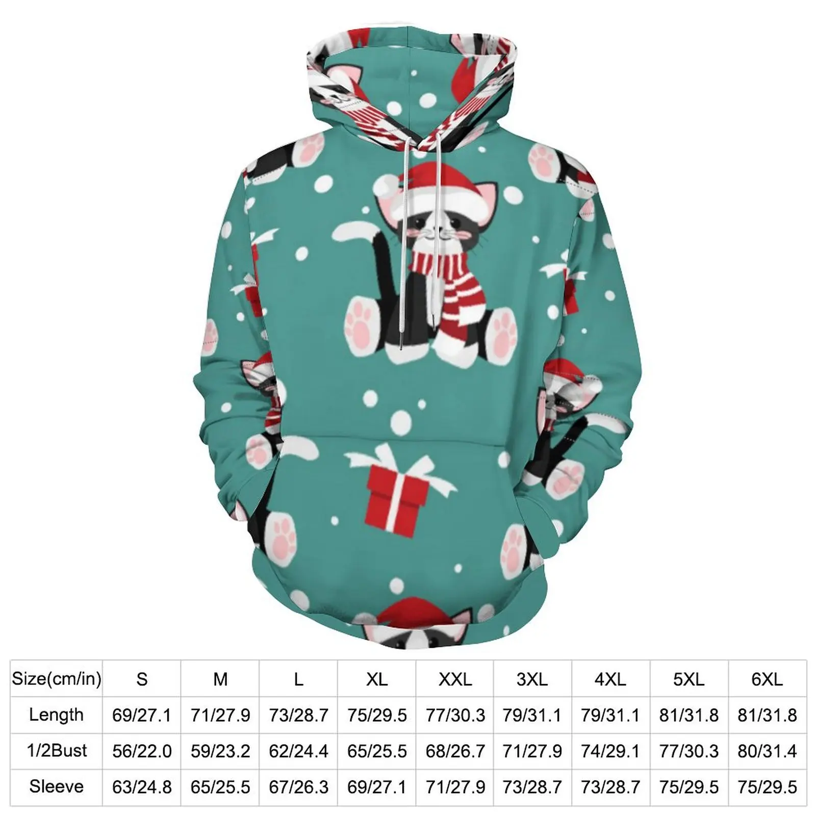 Cute Christmas Cat Loose Hoodies Animal Print Trendy Hoodie Man Long-Sleeve Oversize Street Wear Custom Hooded Sweatshirts