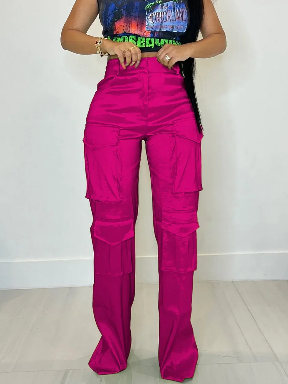 Summer Zipper Fly Rose Red Cargo Trousers Women Multi Pocket Front Safari Style Straight Jogger Pants