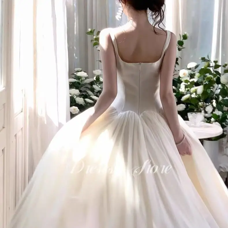 

MD Elegant Square Collar A-line Wedding Dress Stain Pleat Tulle Bridal Gown Vestidos De Novia Ankle-Length Customized 웨딩드레스