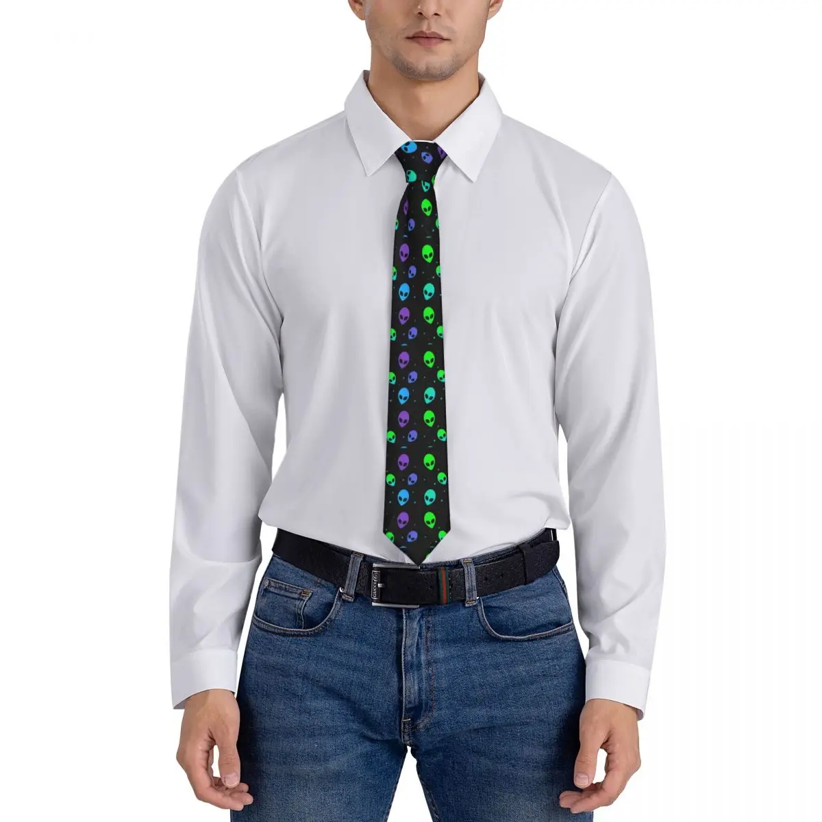 Custom Colorful Aesthetic Alien UFO Pattern Necktie Men Cravat For Father's Day