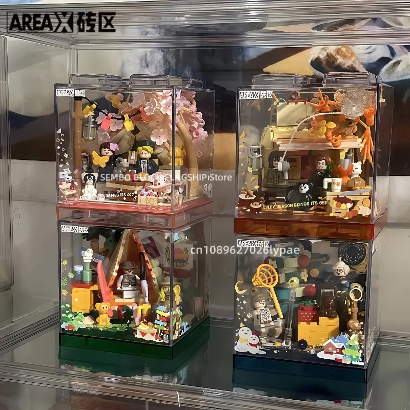 Blocchi di costruzione assemblati per quattro stagioni da campeggio Divertimento campeggio Scatola Kawaii Modello giocattolo Ornamenti per il desktop Regali di festa per bambini